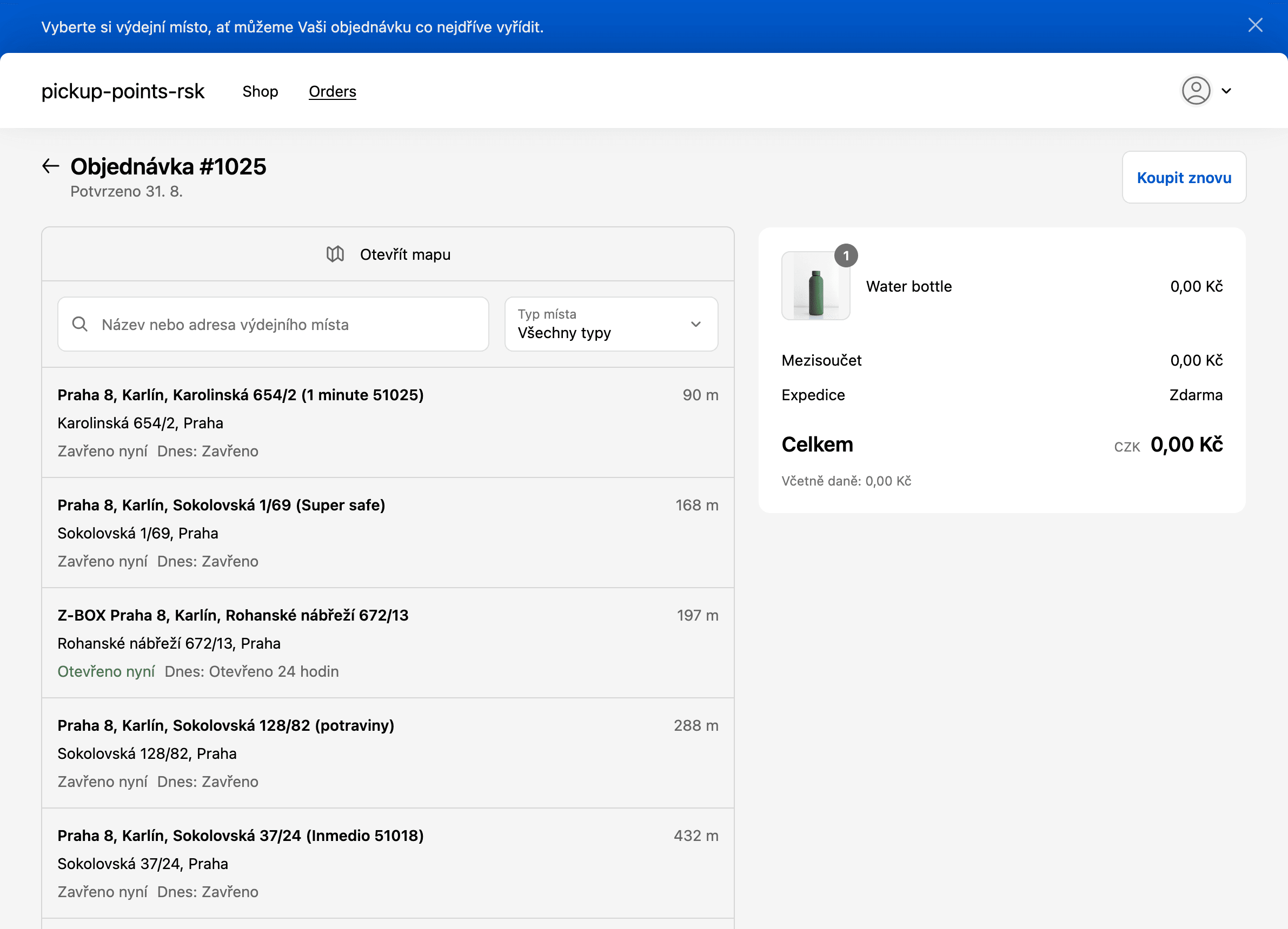 Oznamovací lišta informující o nutnosti vybrat výdejní místo