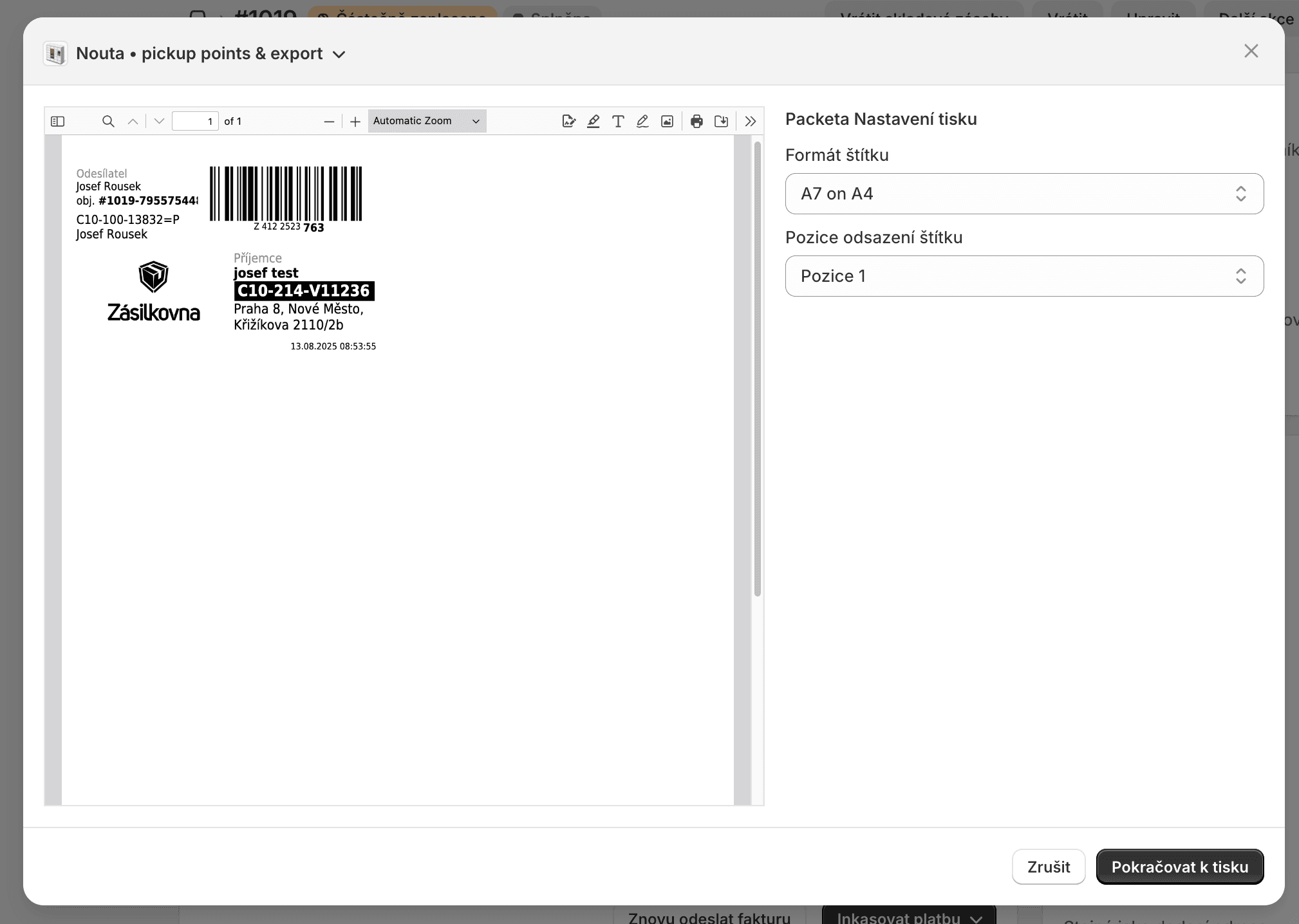 Tisk štítků a export