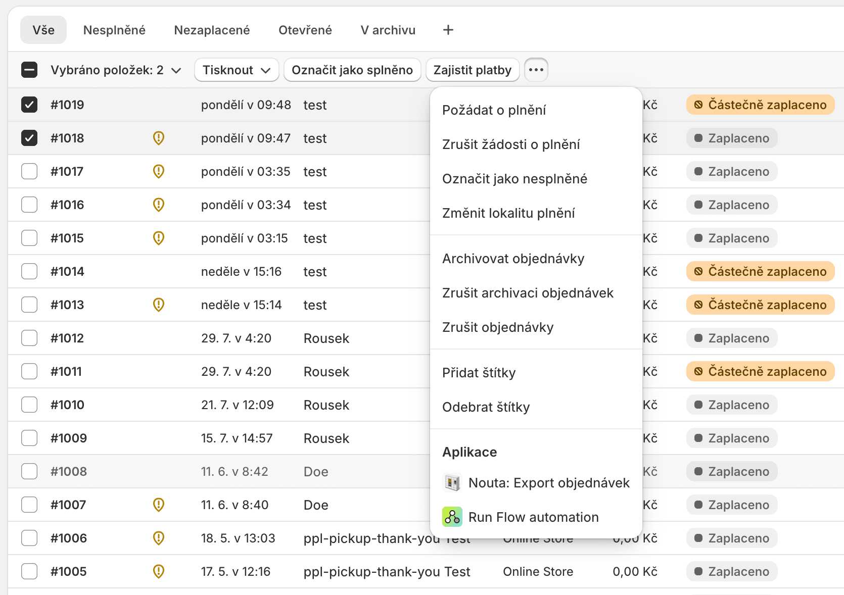 Export objednávek ze seznamu v Shopify administraci