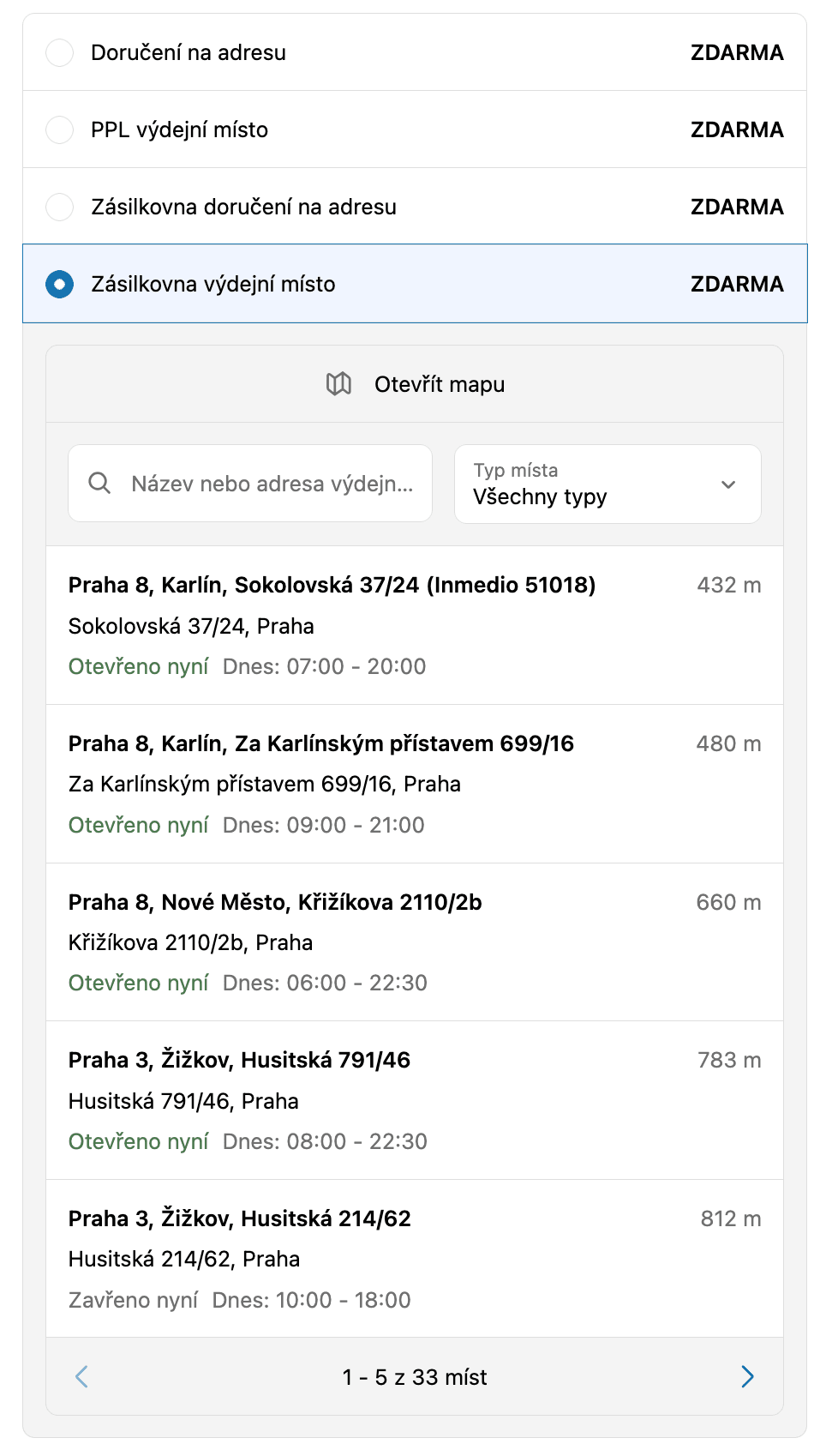 Výběr výdejního místa s mapou